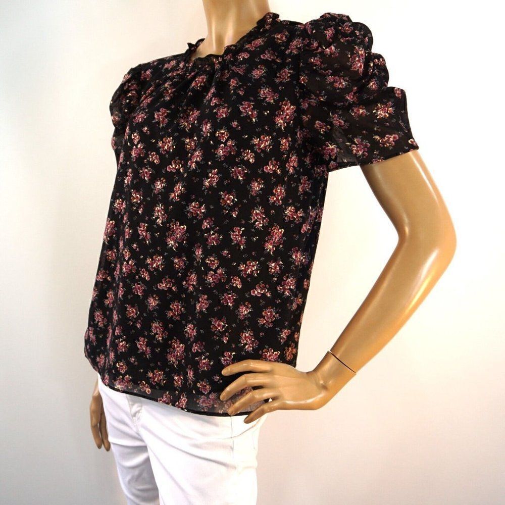 1. STATE Womens Multicolore Floral Top Pouf Sleeve Ruffled Neckline Size L